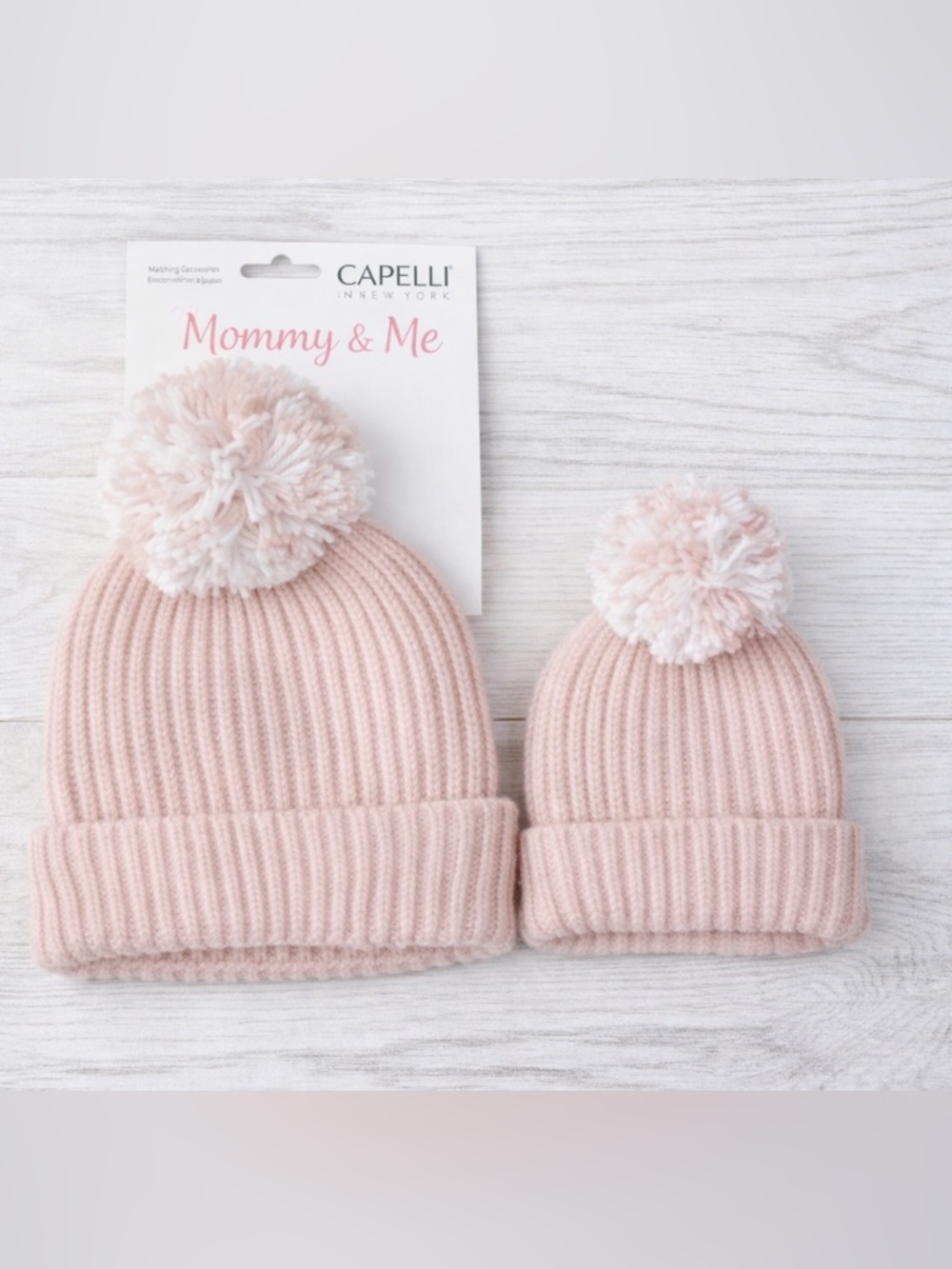 Mommy & Me Cable Knit Faux Fur Pompom Beanies Blush Color 2 NWT